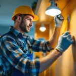 A photograph of a skilled lighting contractor in action