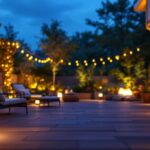 A photograph of a beautifully illuminated patio at dusk