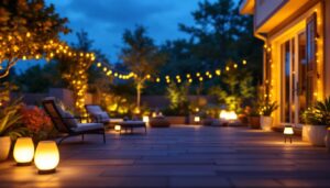 A photograph of a beautifully illuminated patio at dusk