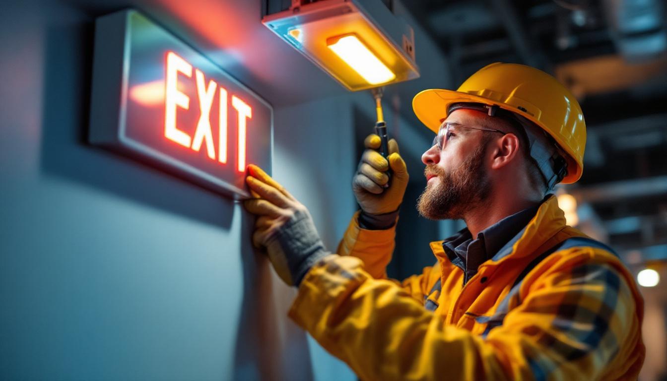 A photograph of a lighting contractor installing a battery exit sign in a commercial setting