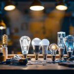 A photograph of a well-lit workspace featuring various types of spotlight bulbs