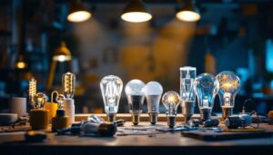 A photograph of a well-lit workspace featuring various types of spotlight bulbs
