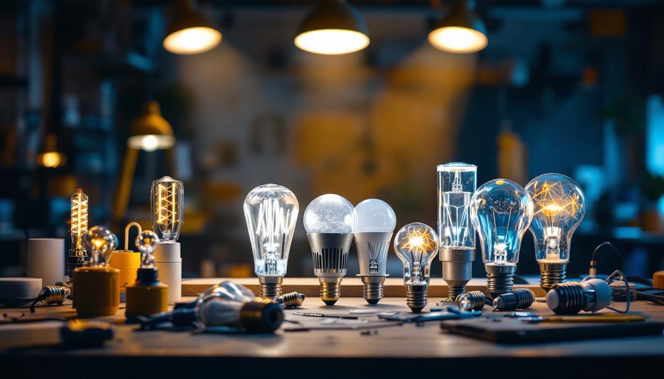 A photograph of a well-lit workspace featuring various types of spotlight bulbs