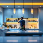 A photograph of a beautifully designed kitchen featuring recessed lighting