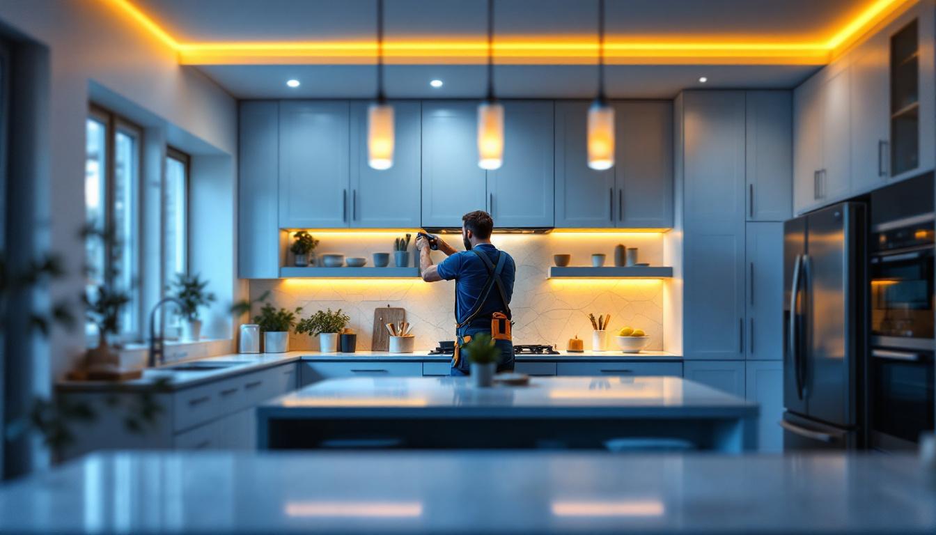 A photograph of a beautifully designed kitchen featuring recessed lighting