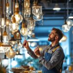 A photograph of a lighting contractor examining a stylish chandelier lamp in a well-lit showroom