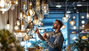 A photograph of a lighting contractor examining a stylish chandelier lamp in a well-lit showroom