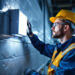 A photograph of a lighting contractor installing an emergency wall pack in a commercial setting