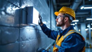 A photograph of a lighting contractor installing an emergency wall pack in a commercial setting