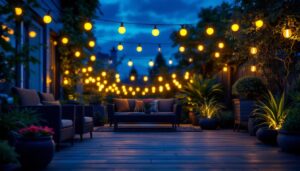 A photograph of a beautifully lit outdoor space showcasing a variety of clearance outdoor lights in use