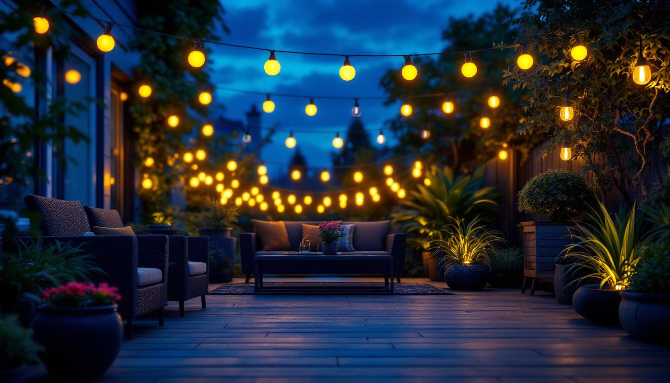 A photograph of a beautifully lit outdoor space showcasing a variety of clearance outdoor lights in use