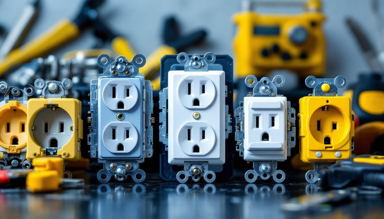 A photograph of a close-up of various electrical outlet types commonly used in the united states