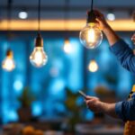 A photograph of a lighting contractor skillfully installing a stylish
