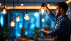 A photograph of a lighting contractor skillfully installing a stylish