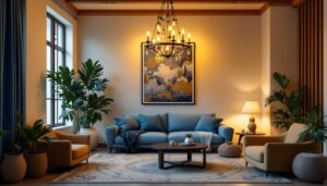 A photograph of a beautifully arranged room featuring an elegant yet affordable chandelier light