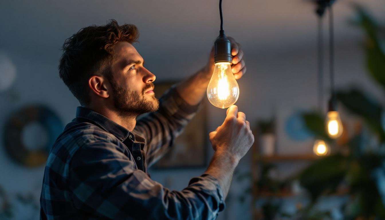 A photograph of a skilled lighting contractor expertly installing or adjusting a stylish hanging bulb in a well-designed space