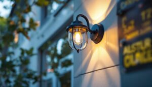 A photograph of a skilled lighting contractor installing an elegant outside wall lamp on a home exterior