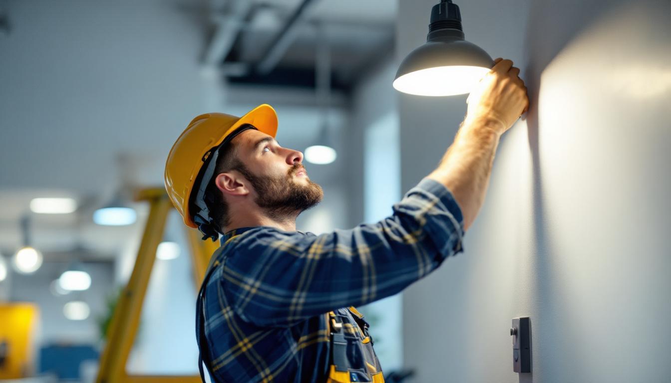 A photograph of a lighting contractor in action