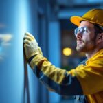 A photograph of a lighting contractor installing energy-efficient led fixtures in a modern workspace