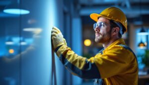 A photograph of a lighting contractor installing energy-efficient led fixtures in a modern workspace