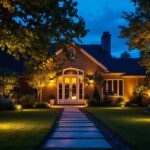 A photograph of a beautifully illuminated backyard at dusk