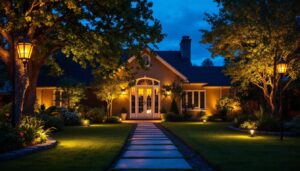 A photograph of a beautifully illuminated backyard at dusk