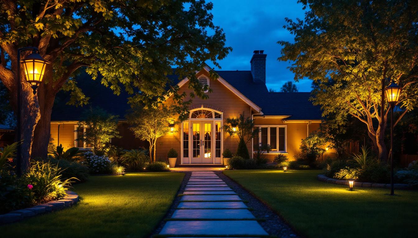 A photograph of a beautifully illuminated backyard at dusk