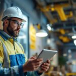A photograph of a lighting contractor inspecting a well-lit commercial space