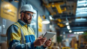 A photograph of a lighting contractor inspecting a well-lit commercial space