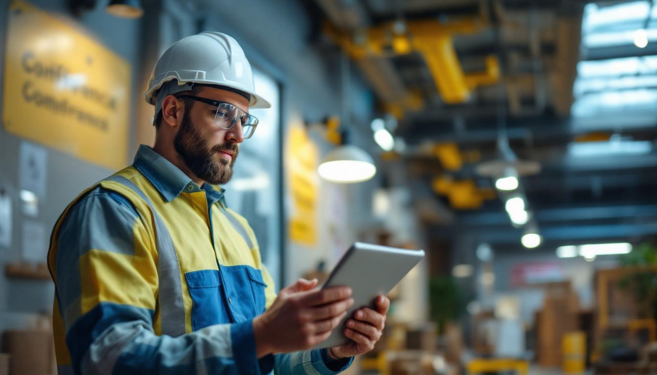 A photograph of a lighting contractor inspecting a well-lit commercial space