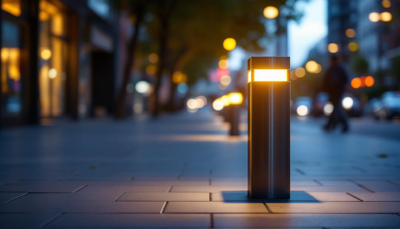A photograph of a well-lit square bollard in an outdoor setting