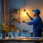 A photograph of a well-lit workspace featuring a lighting contractor installing halogen lights in a modern residential setting