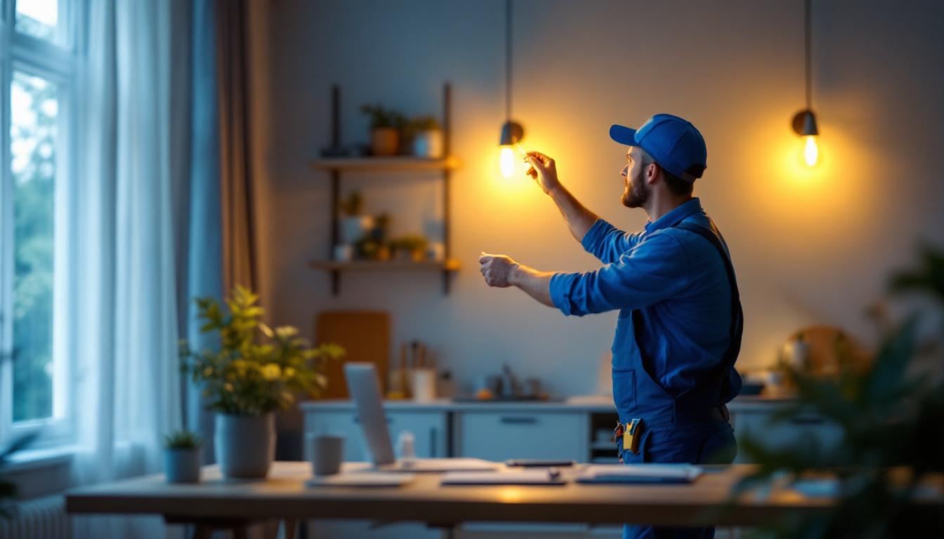 A photograph of a well-lit workspace featuring a lighting contractor installing halogen lights in a modern residential setting