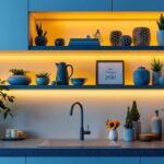 A photograph of a beautifully designed shelf with integrated under-cabinet lighting