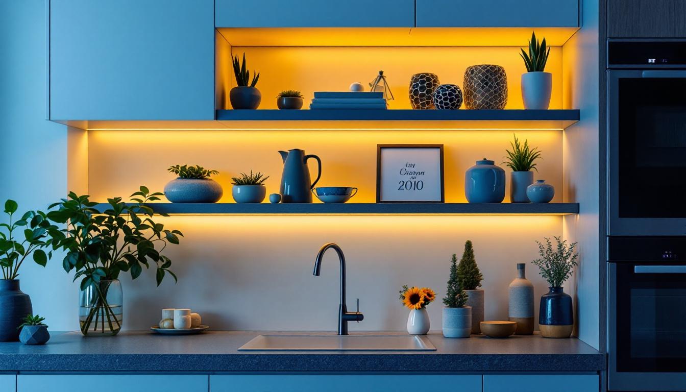 A photograph of a beautifully designed shelf with integrated under-cabinet lighting