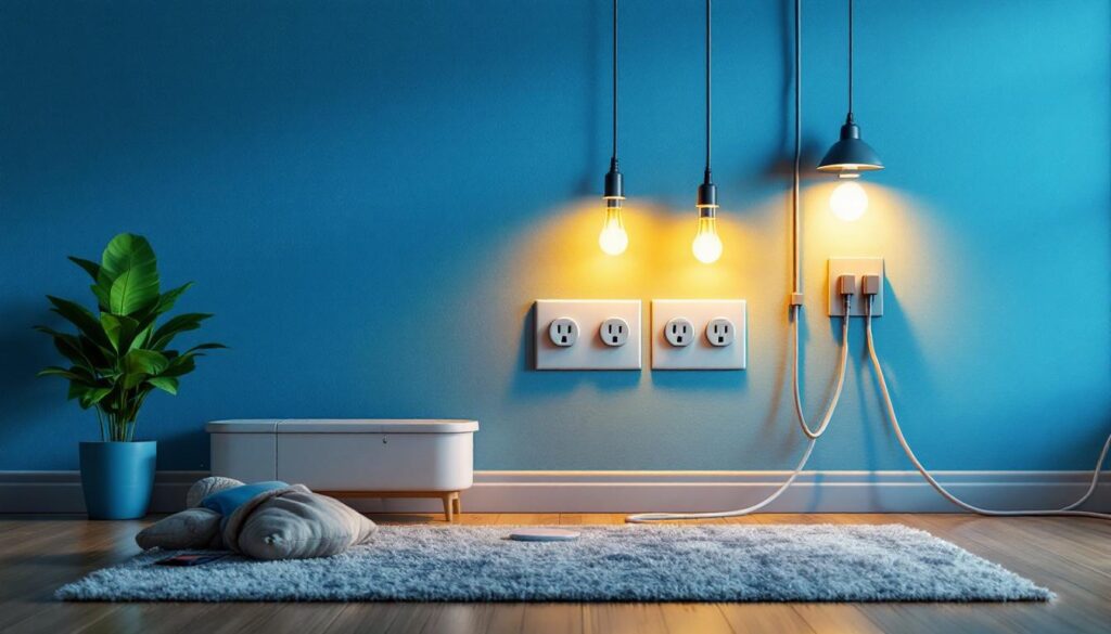 A photograph of a well-lit room showcasing a variety of wall plug outlets in use