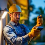 A photograph of a lighting contractor installing a rab outdoor light in a residential or commercial setting