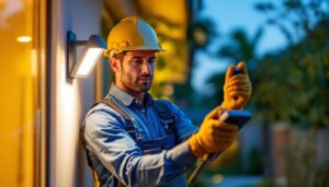A photograph of a lighting contractor installing a rab outdoor light in a residential or commercial setting