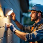 A photograph of a skilled lighting contractor adjusting a motion light sensor switch on an exterior wall