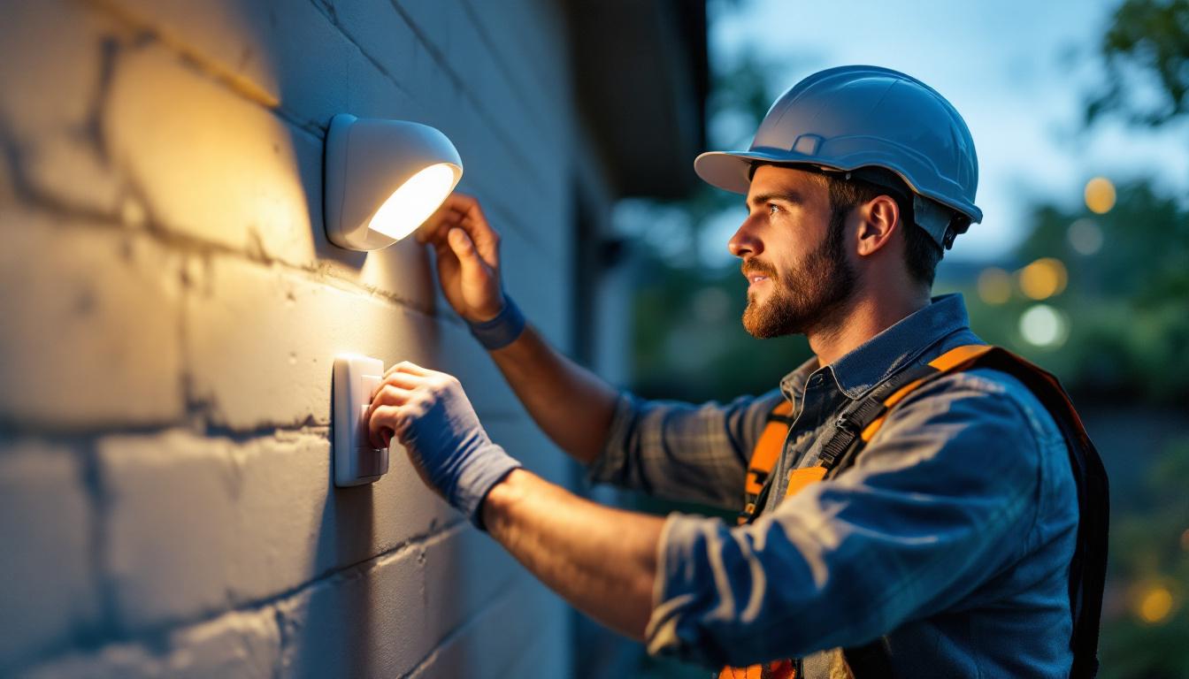 A photograph of a skilled lighting contractor adjusting a motion light sensor switch on an exterior wall