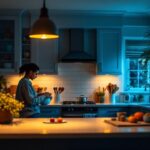 A photograph of a beautifully lit kitchen showcasing a variety of can lights in action