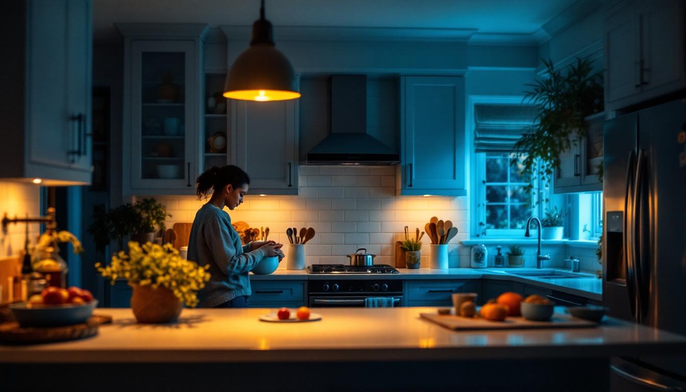 A photograph of a beautifully lit kitchen showcasing a variety of can lights in action