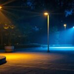 A photograph of a well-lit outdoor space showcasing various satco flood lights in use