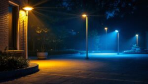 A photograph of a well-lit outdoor space showcasing various satco flood lights in use