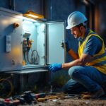 A photograph of a lighting contractor installing or inspecting an electric utility box cover in a well-lit outdoor setting