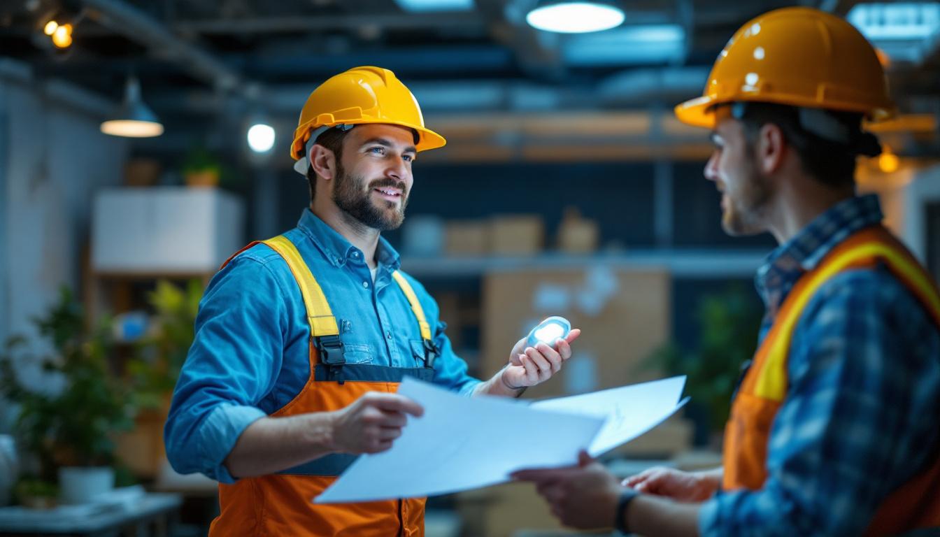 A photograph of a lighting contractor confidently showcasing a 120v 60w light fixture in a well-lit