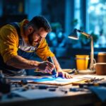 A photograph of a lighting contractor skillfully using a uv lamp in a well-lit workspace