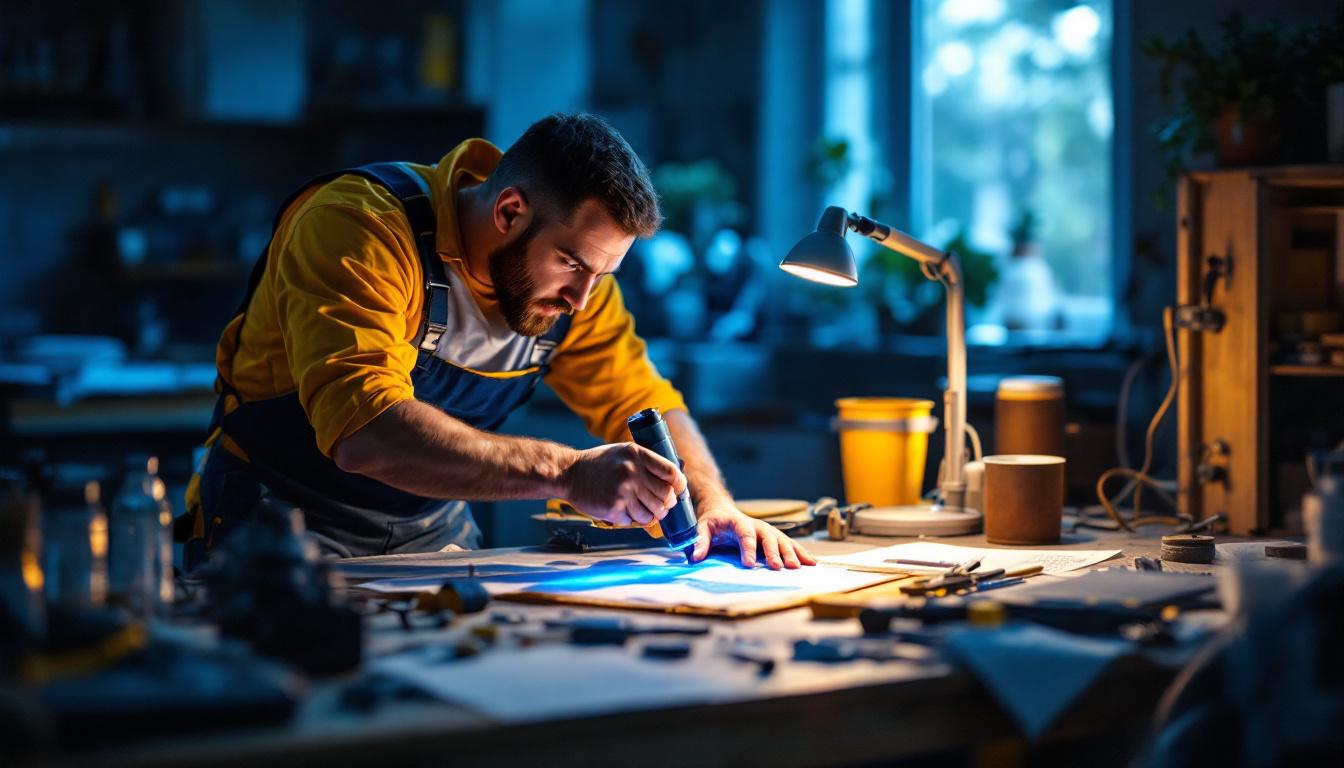 A photograph of a lighting contractor skillfully using a uv lamp in a well-lit workspace