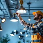 A photograph of a lighting contractor adjusting various types of adjustable lights in a well-lit interior space