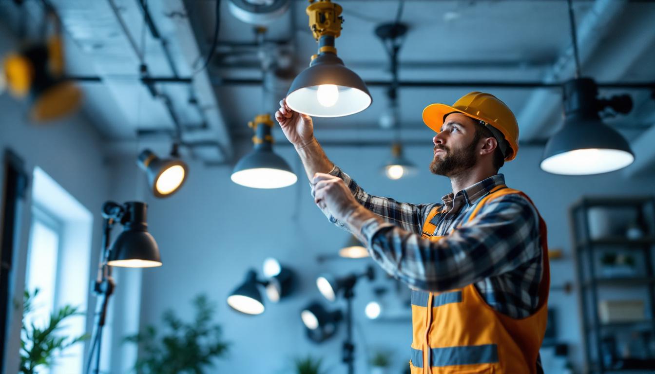 A photograph of a lighting contractor adjusting various types of adjustable lights in a well-lit interior space